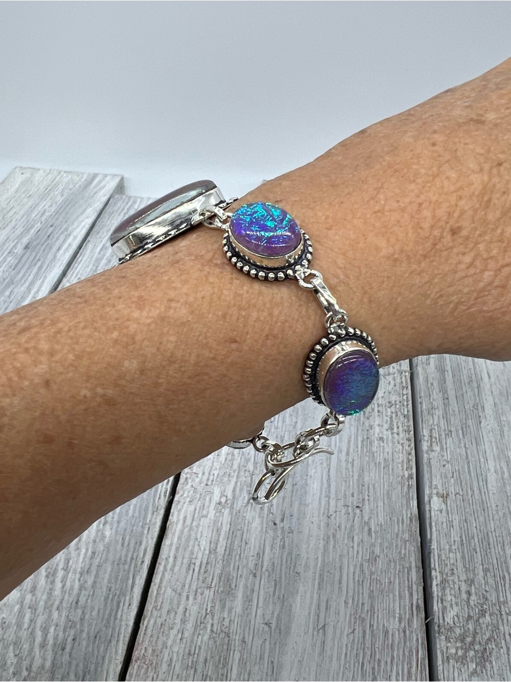 349. Triplet Opal Sterling Silver Iridescent Blue-Green Opal Bracelet - 7.25-8” - Picture 10 of 10